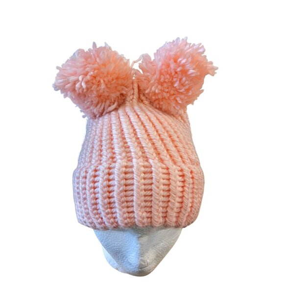 Womens Handmade Double Pom Pom Beanies Knit Pastel Pink Hat Winter Cold Weather - Picture 2 of 5